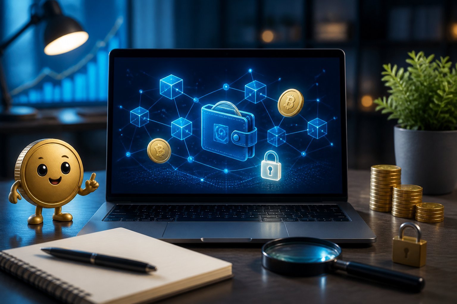 A modern desk with a laptop showing an abstract blockchain network, digital coins, a notebook, and security symbols.