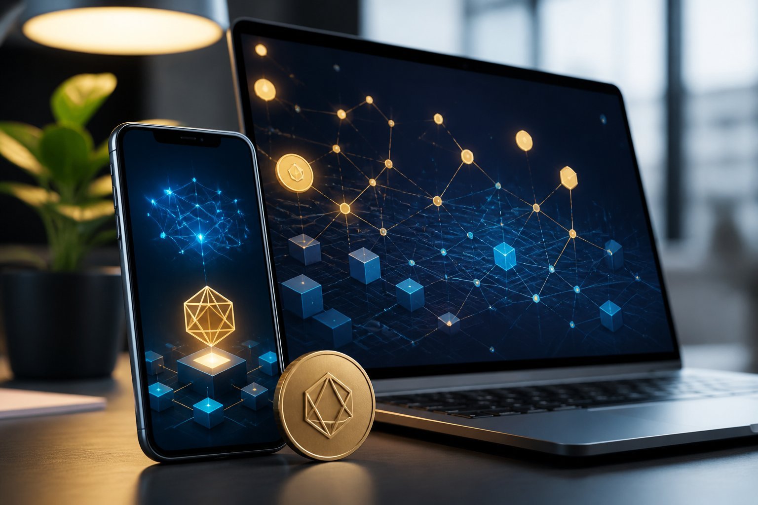 A smartphone, laptop, and geometric digital token arranged on a modern desk with glowing blockchain network visuals.