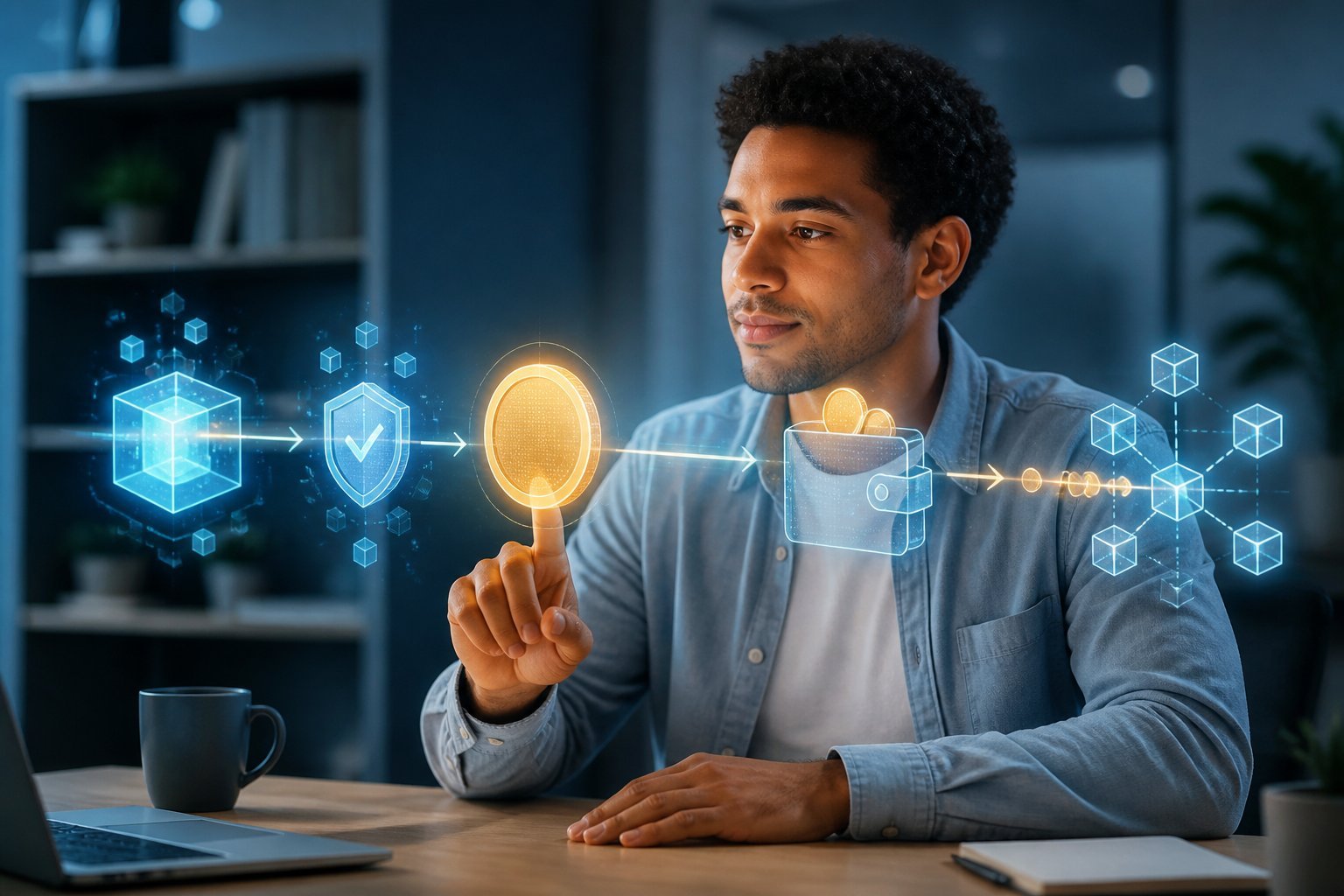 A beginner studies a glowing blockchain network showing how digital coins move through connected stages.