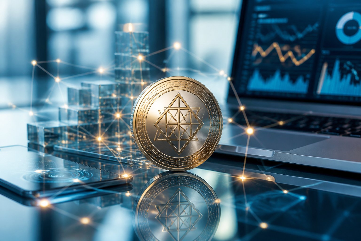 A metallic cryptocurrency coin sits on a glass surface amid glowing digital network connections and modern technology devices.