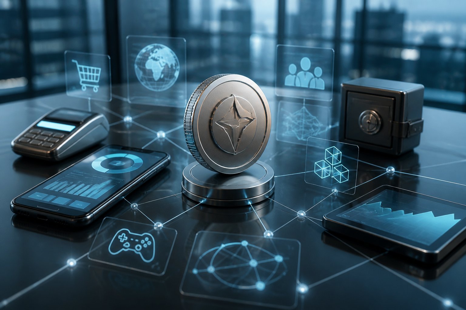 A metallic digital token surrounded by connected technology devices and glowing network nodes on a modern workspace.