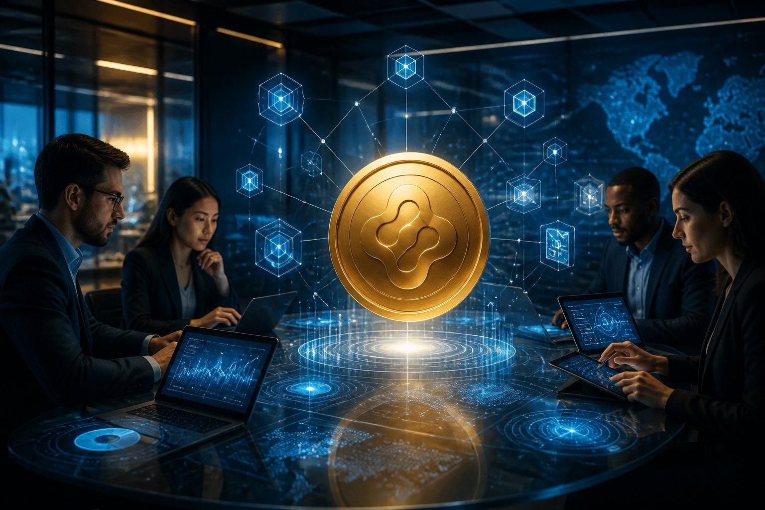 Professionals collaborate around a glowing digital coin connected to a network of holographic nodes and abstract financial technology interfaces.