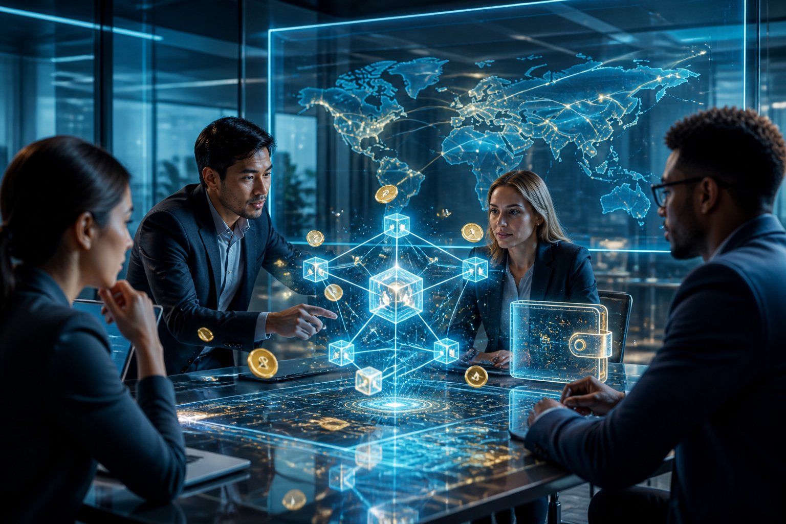 A team of professionals studies a glowing blockchain network and digital wallet graphics in a modern office.