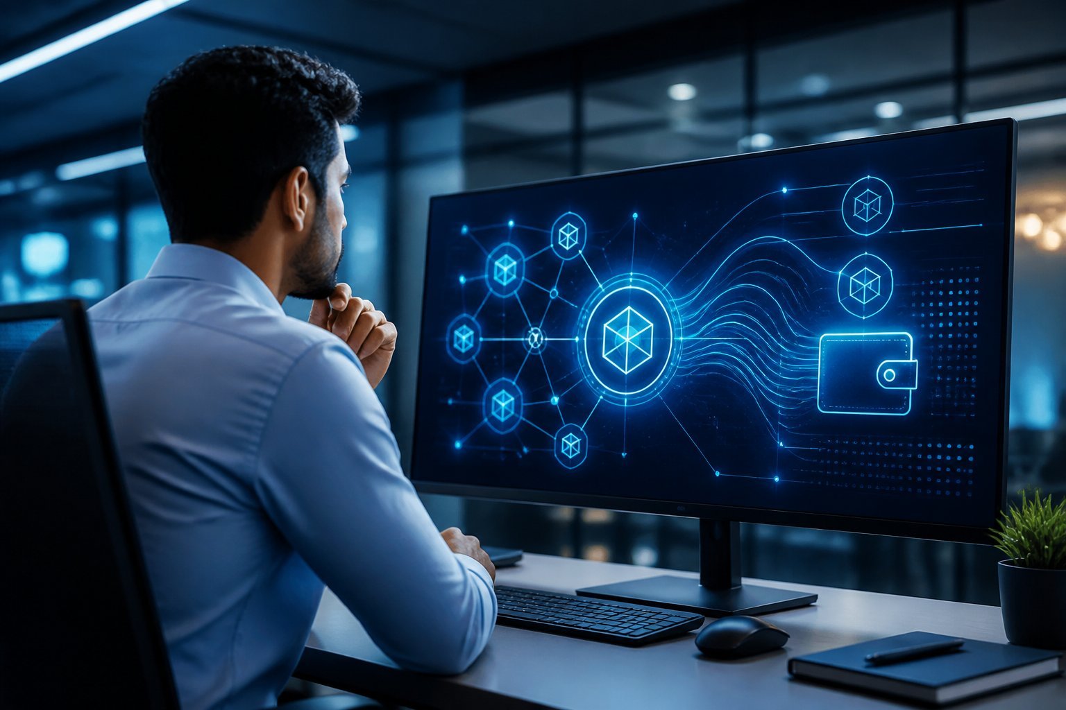 A professional examines abstract blockchain network data on a computer in a modern financial technology workspace.
