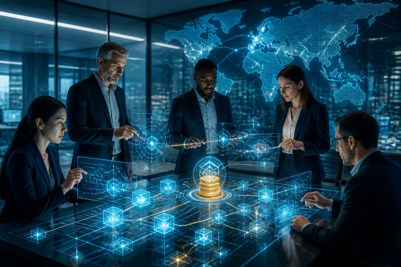 Professionals collaborate around holographic interfaces showing interconnected cryptocurrency network activity.
