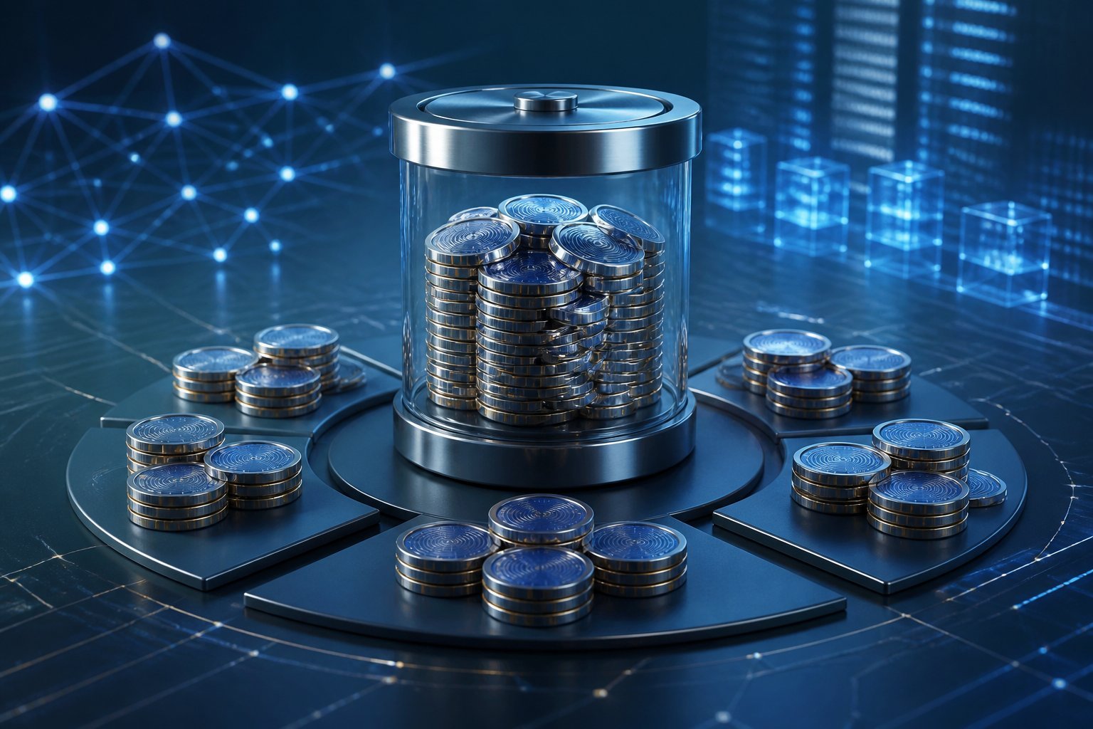 Abstract cryptocurrency coins arranged into organized distribution groups beside a secure digital network.