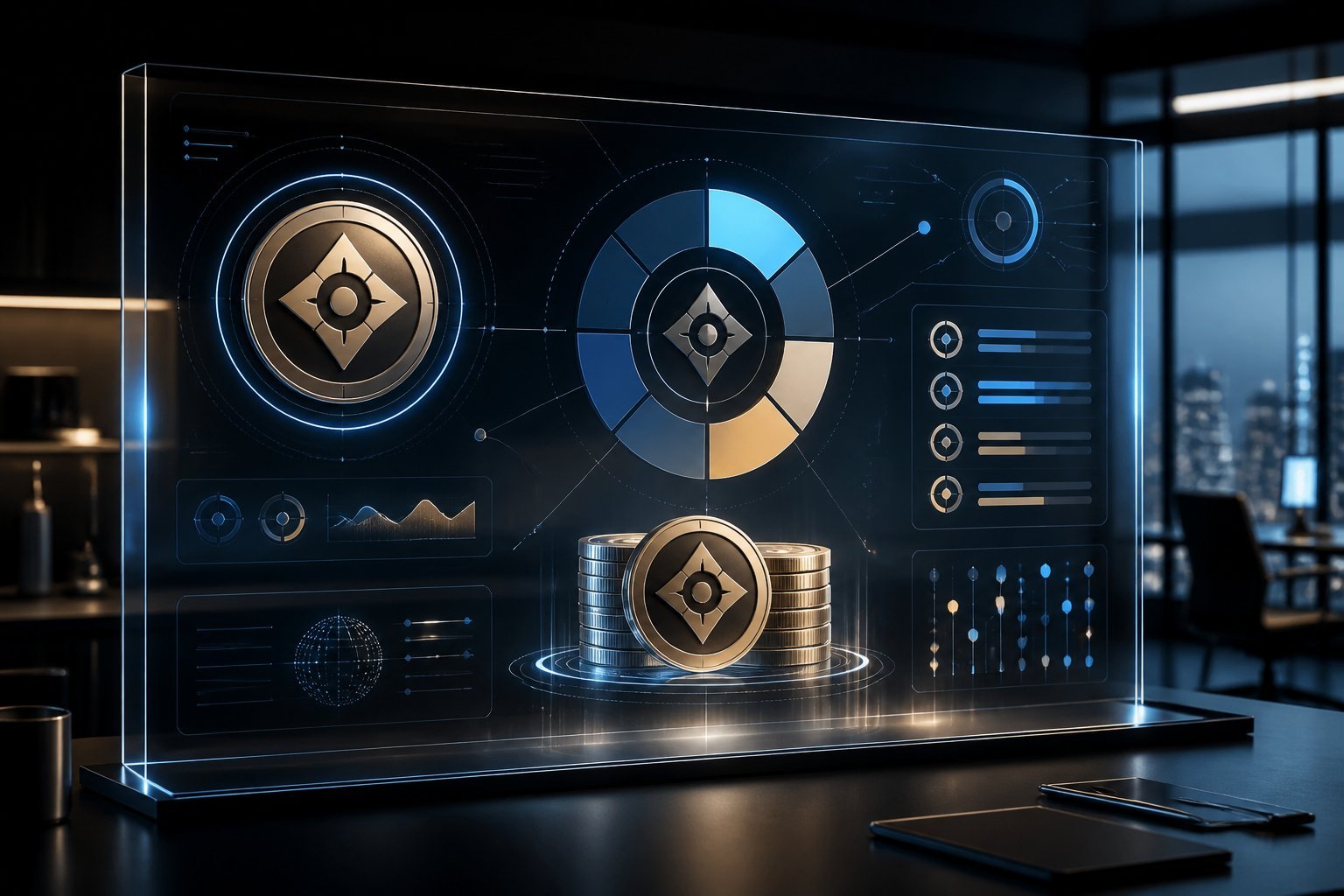 A modern digital finance workspace showing abstract token distribution graphics and cryptocurrency coins.