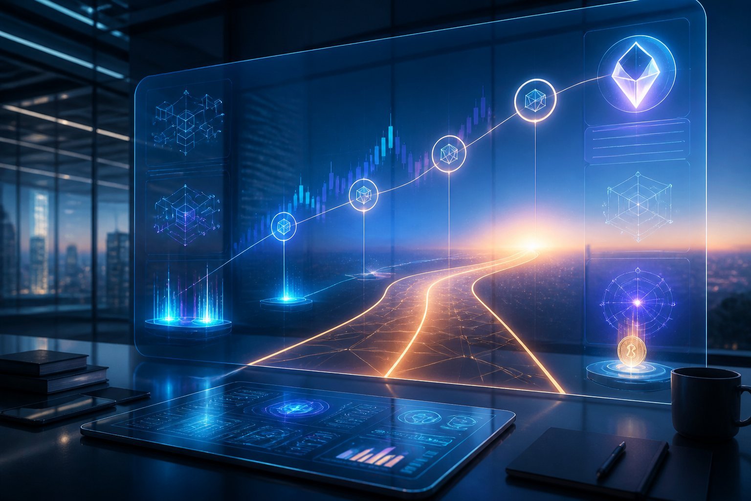 A futuristic digital roadmap leads through connected blockchain networks toward a bright horizon.
