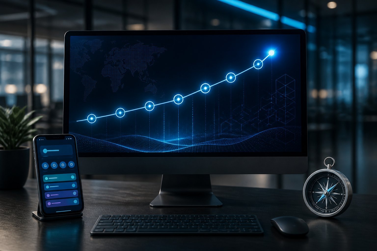 A modern fintech workspace with a monitor showing an abstract connected roadmap and a smartphone beside it.