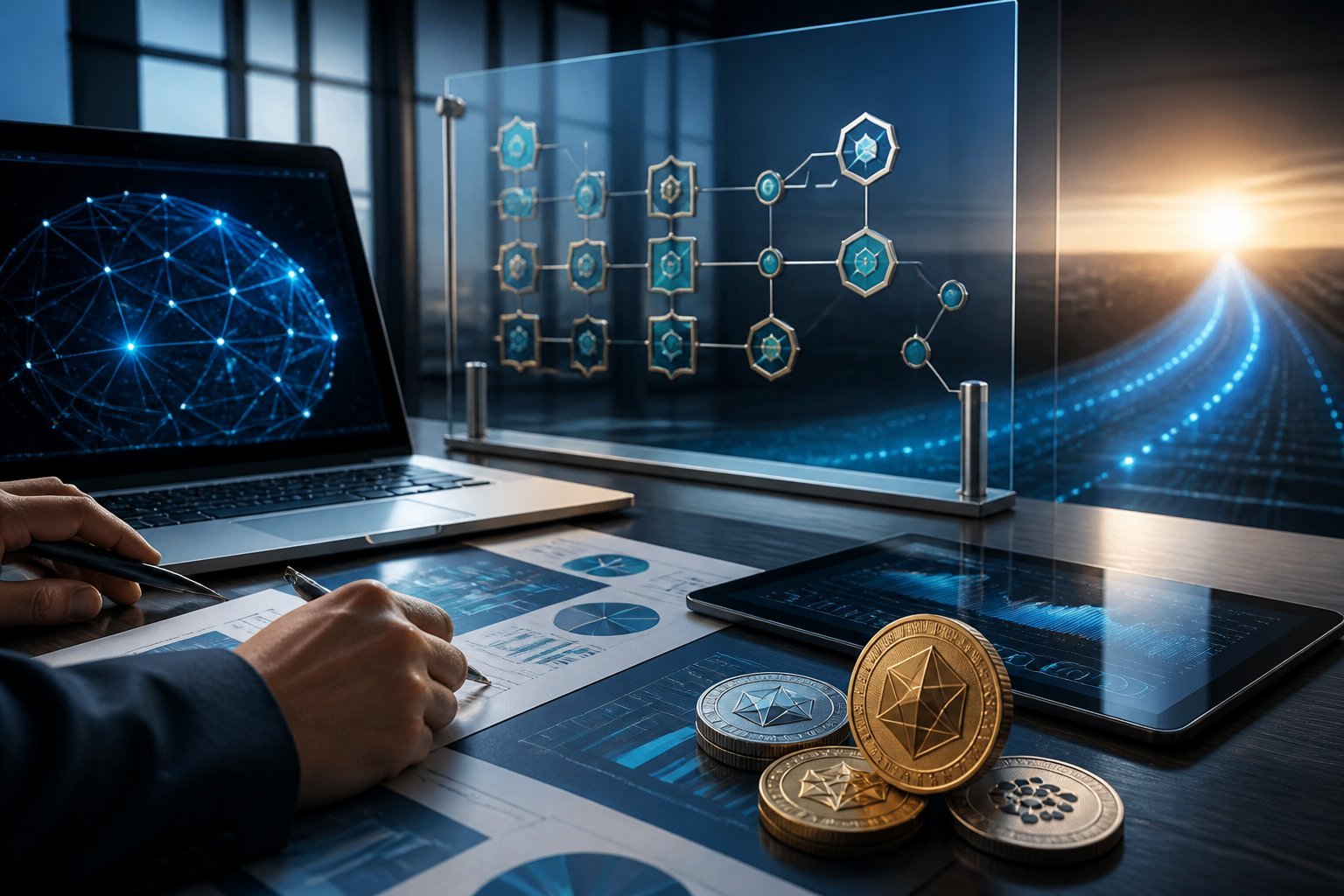 A modern workspace with cryptocurrency devices, abstract blockchain graphics, and a glowing path toward a bright horizon.