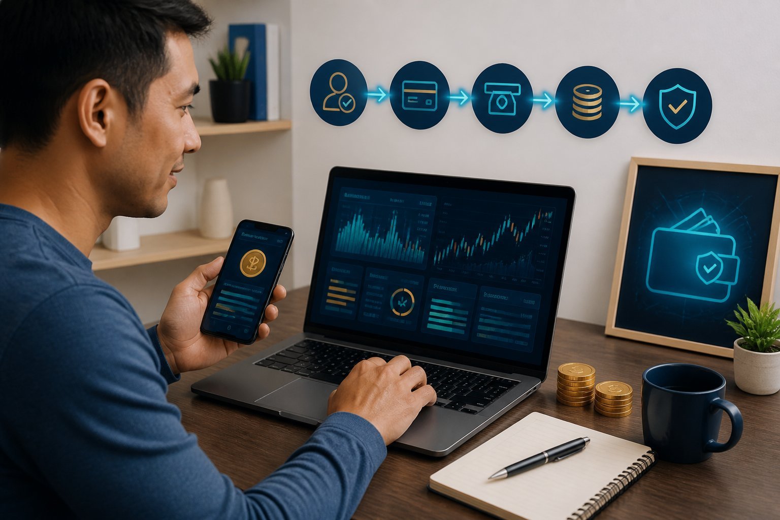 A beginner uses a laptop and smartphone to explore a cryptocurrency purchasing process at a modern desk.