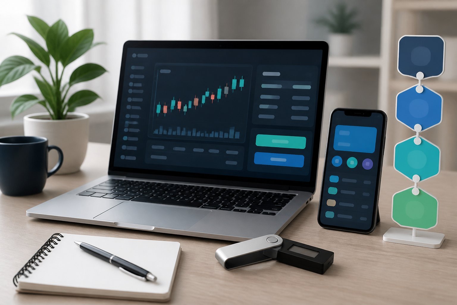 A laptop, smartphone, hardware wallet, and blank notepad arranged on a modern desk.