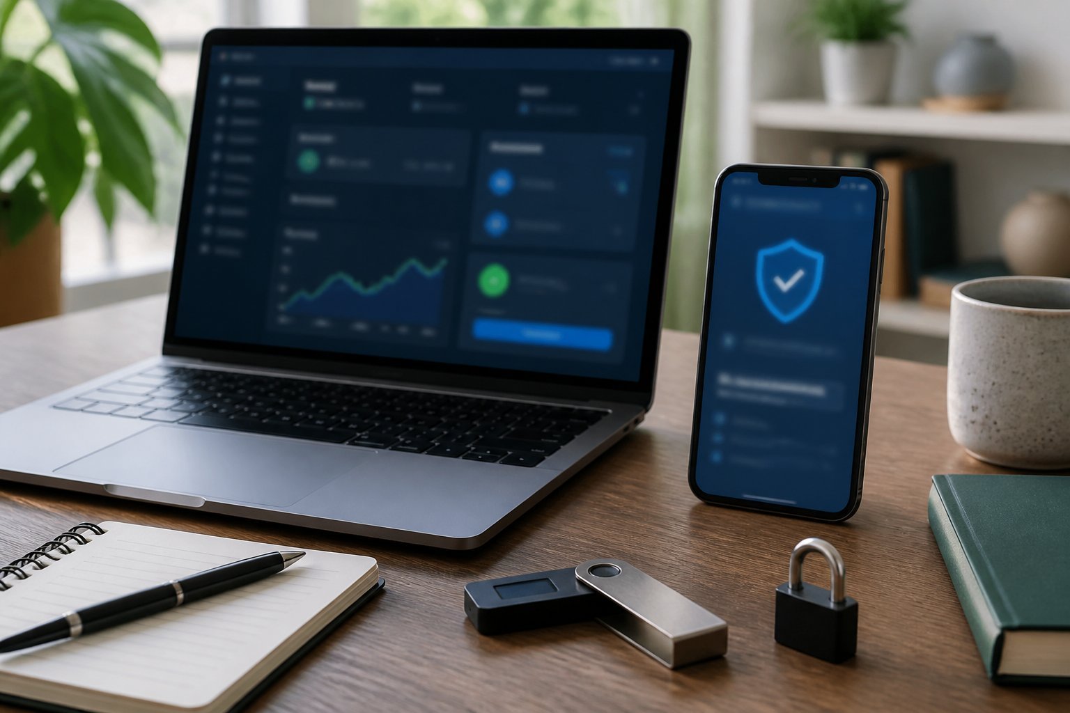 A laptop and smartphone with security devices arranged on a tidy home office desk for a cryptocurrency purchase.
