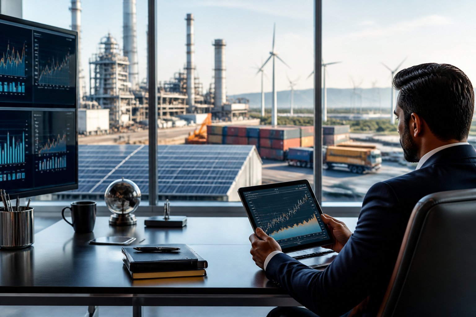 A financial analyst reviews market information at a desk with an industrial facility, renewable energy equipment, and logistics activity visible in the background.