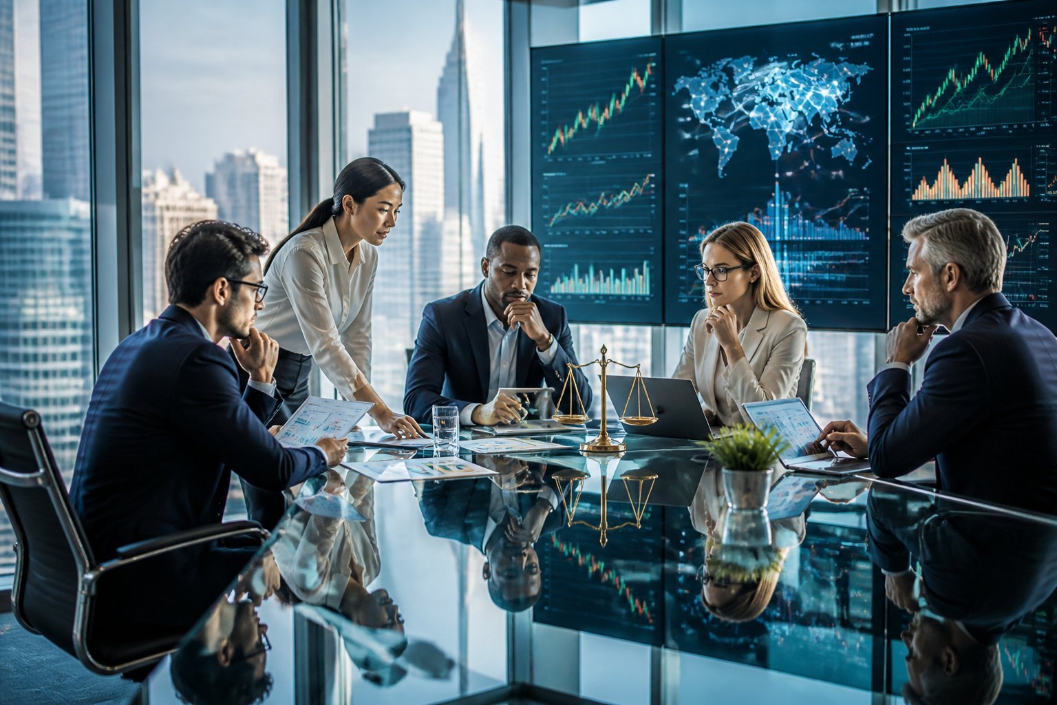 Business professionals analyze market data in a modern office.
