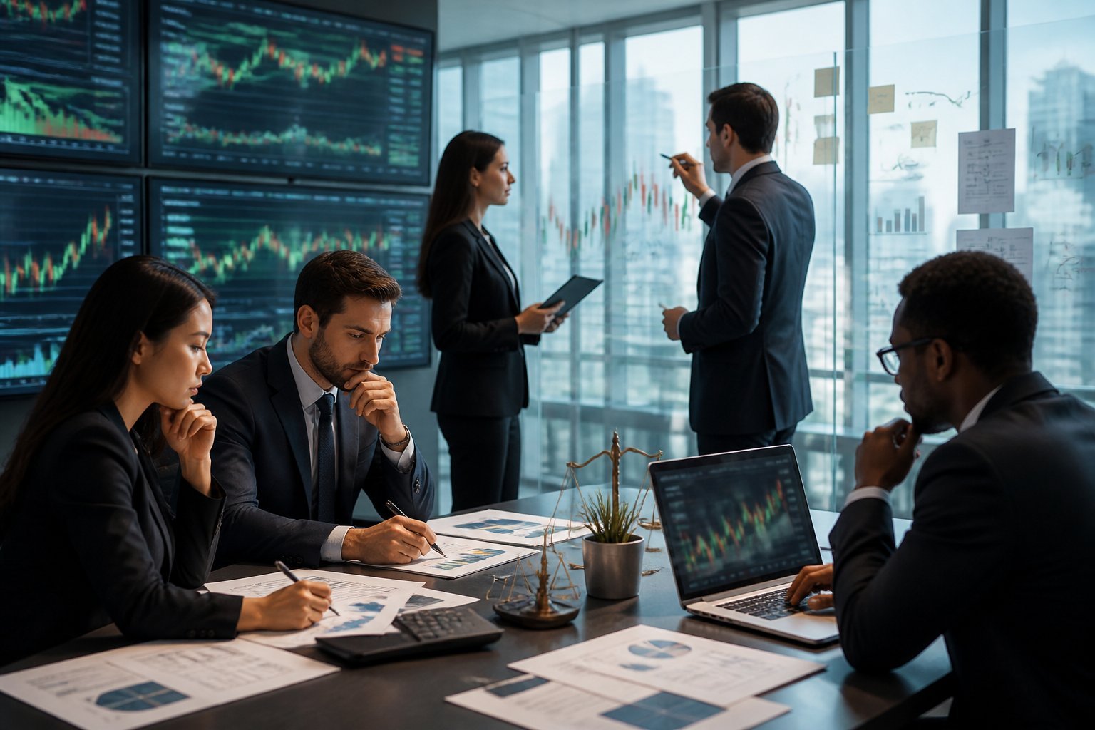 Financial professionals analyze abstract market data and valuation charts in a modern office.