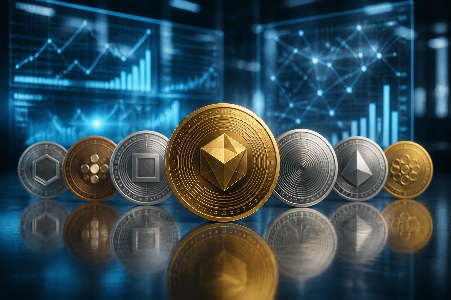 A central digital coin stands ahead of several other coins in a futuristic financial workspace with abstract market graphics.