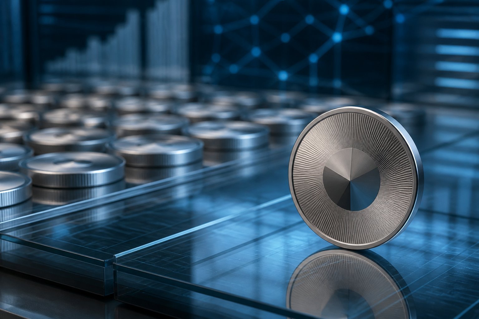 A distinctive metallic coin stands apart from a group of similar coins on a modern financial technology surface.