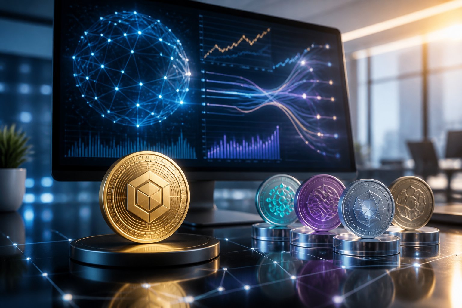 A modern workspace displays abstract cryptocurrency assets and digital charts being compared.