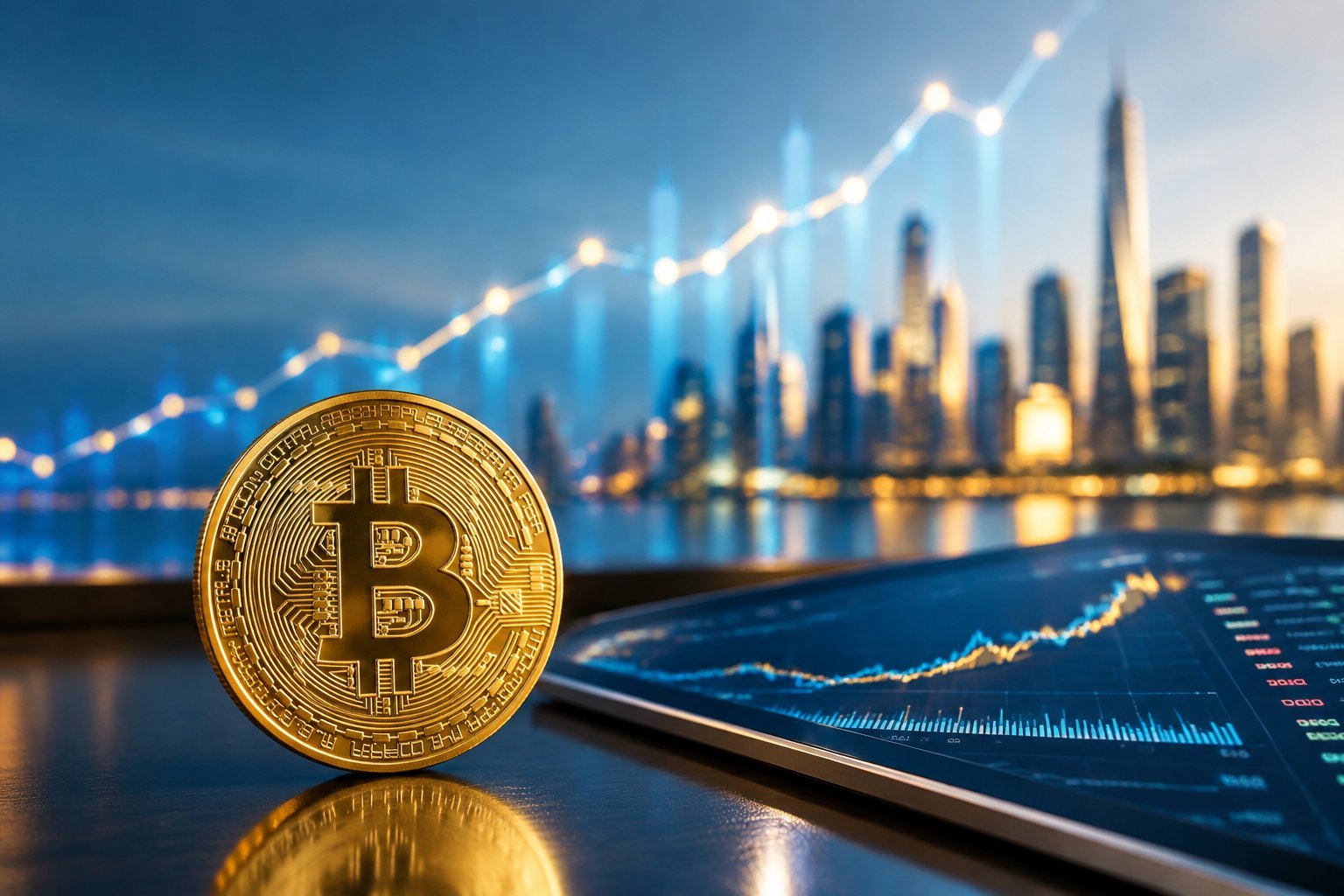 A gold Bitcoin coin beside a market graph trending upward.