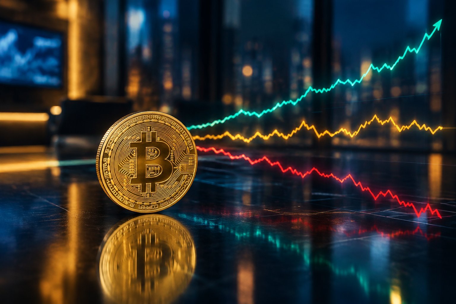 A gold Bitcoin coin in front of three market paths that rise, fall, and move sideways.