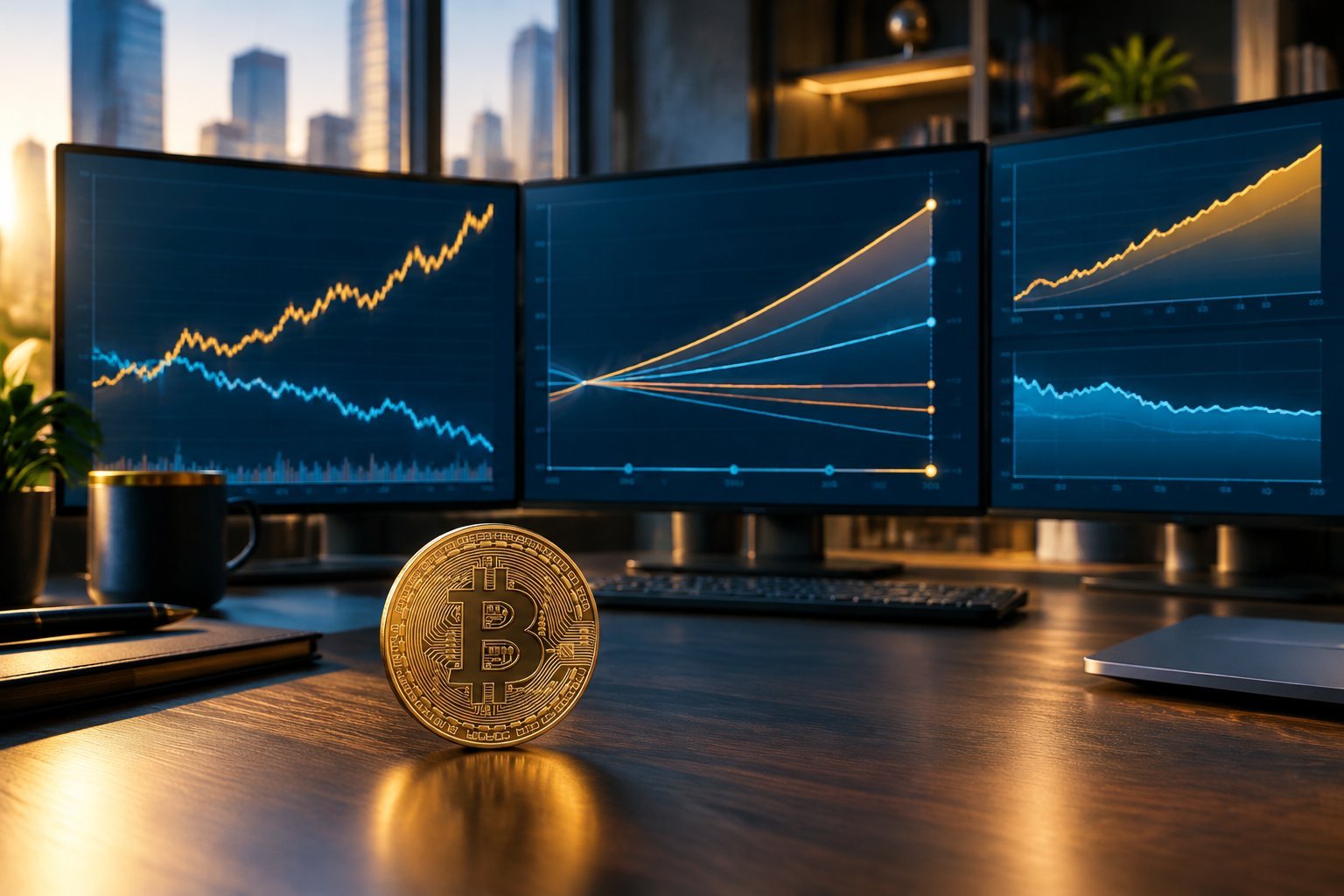 A Bitcoin coin sits before screens showing contrasting upward and downward forecast charts.