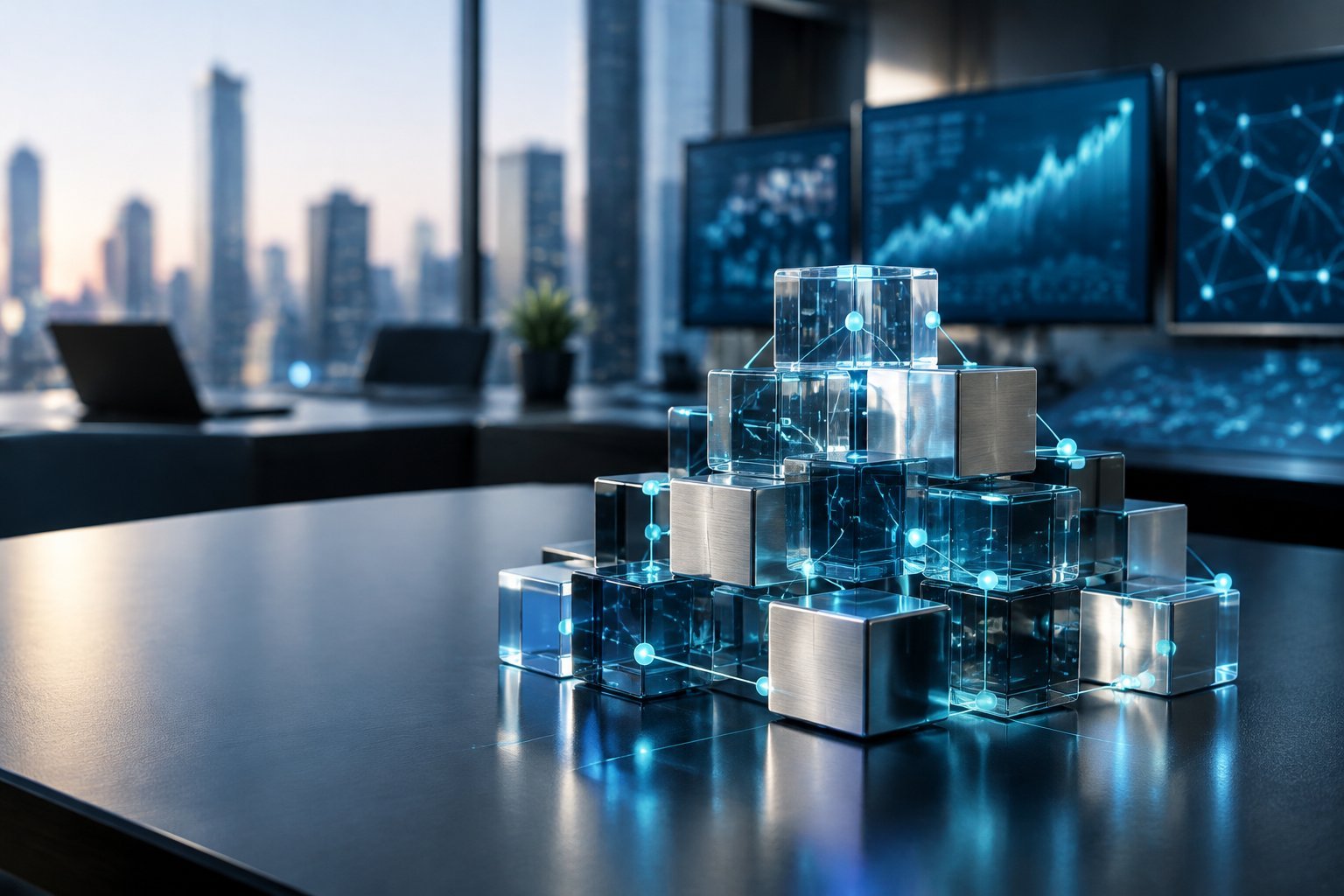 Interlocking blocks with glowing network connections in a modern financial technology workspace.