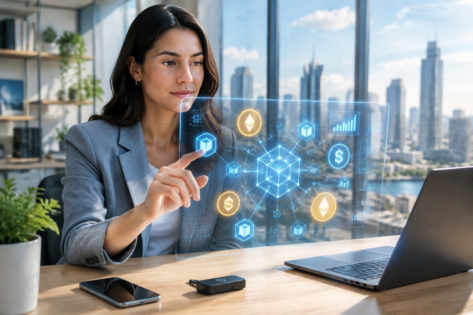 A financial technology professional examines a digital network interface beside a smartphone and hardware wallet.
