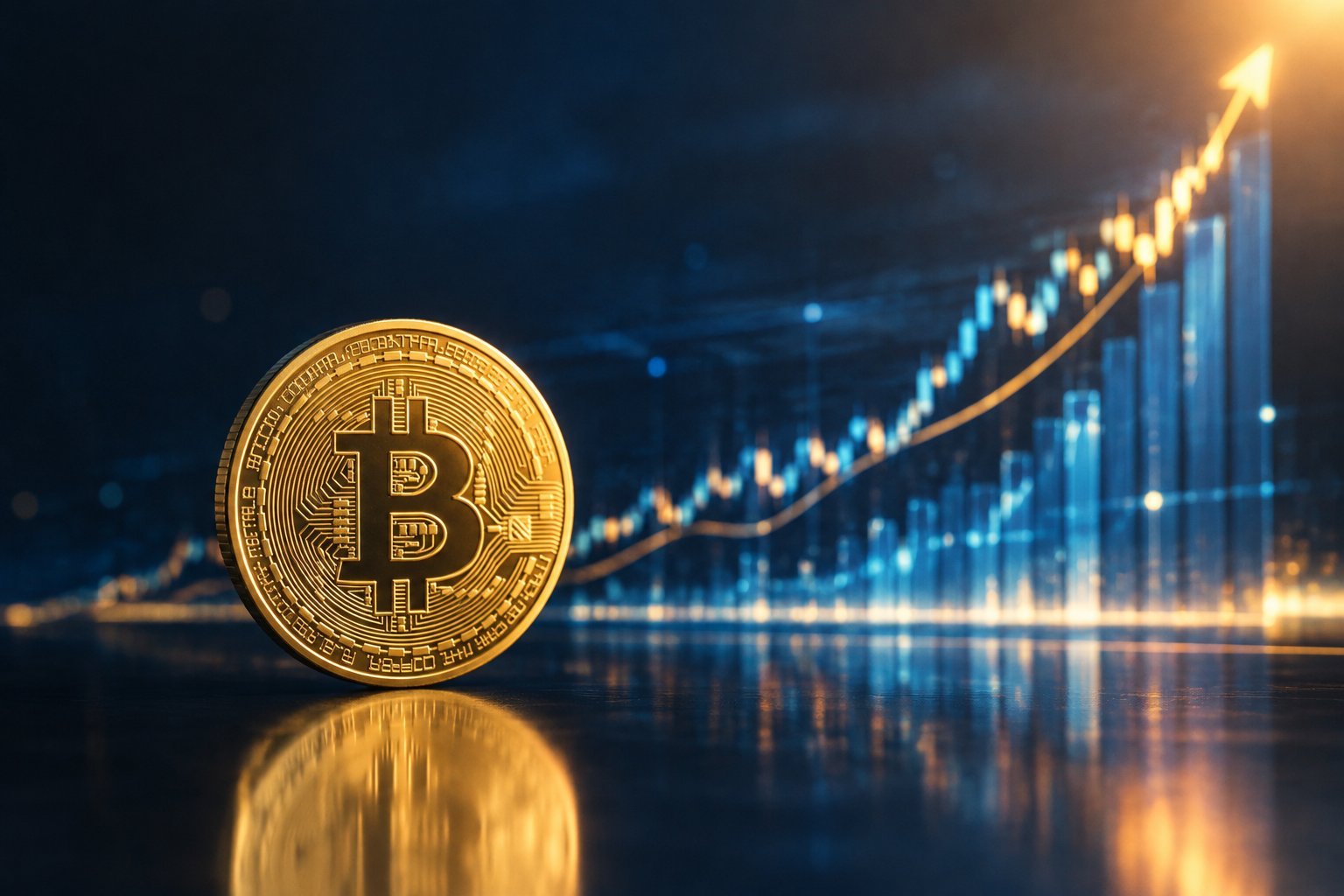 A gold Bitcoin coin in front of a rising financial chart.