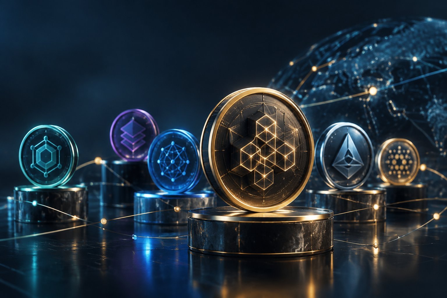 Several glowing digital coins are connected by subtle lines against a dark background.